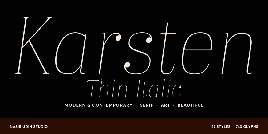 Karsten Thin Italic character specimen 1