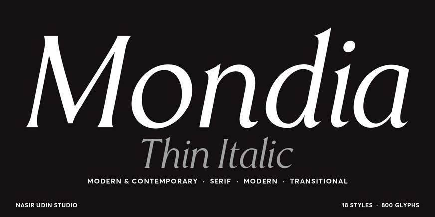 Mondia Thin Italic character specimen 1