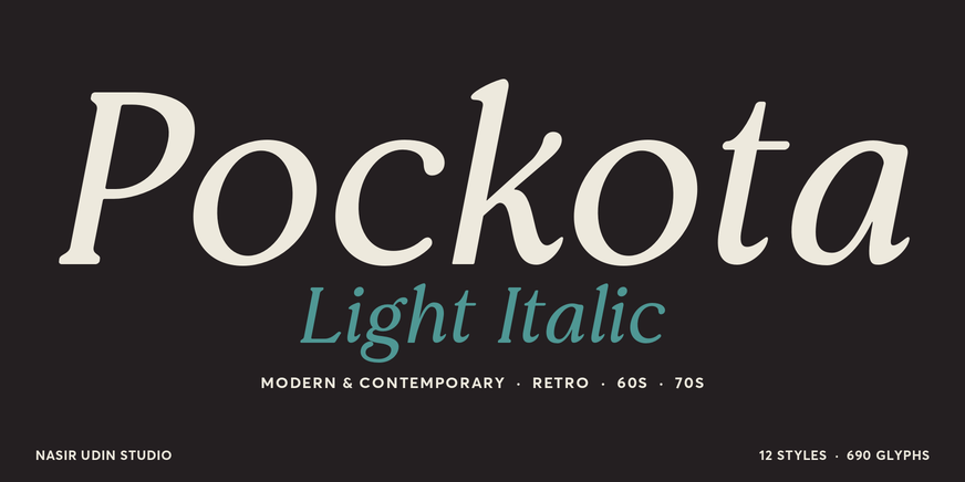 Pockota Light Italic character specimen 1