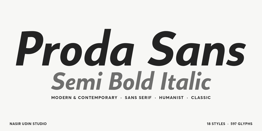 Proda Sans Semi Bold Italic character specimen 1